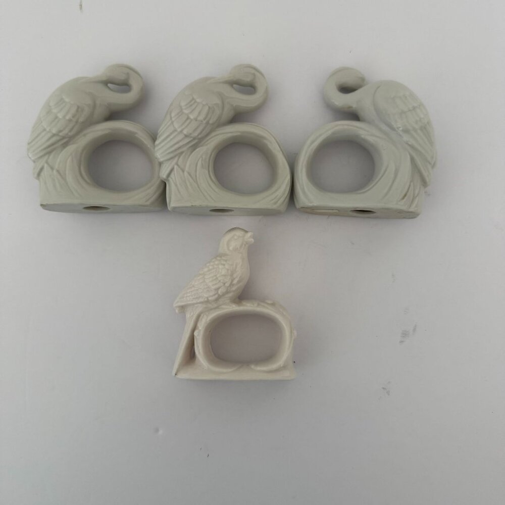 Vintage Ceramic Bird Napkin Rings White Finish Set Of 4